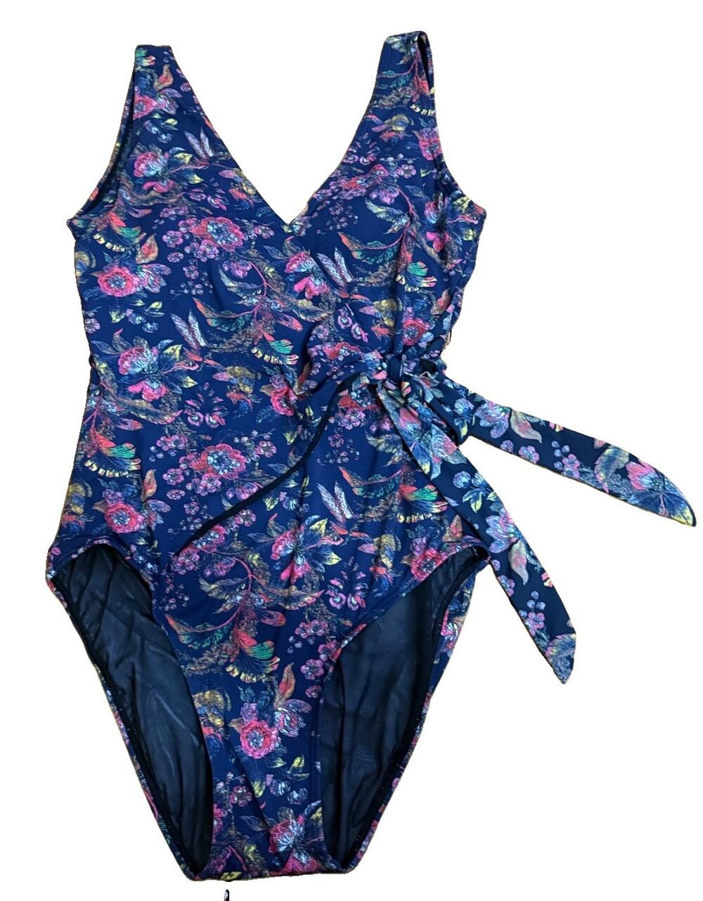 SUNDANCE Women’s Navy Floral High Cut Bow Tie One Piece Bathing Suit Size Small